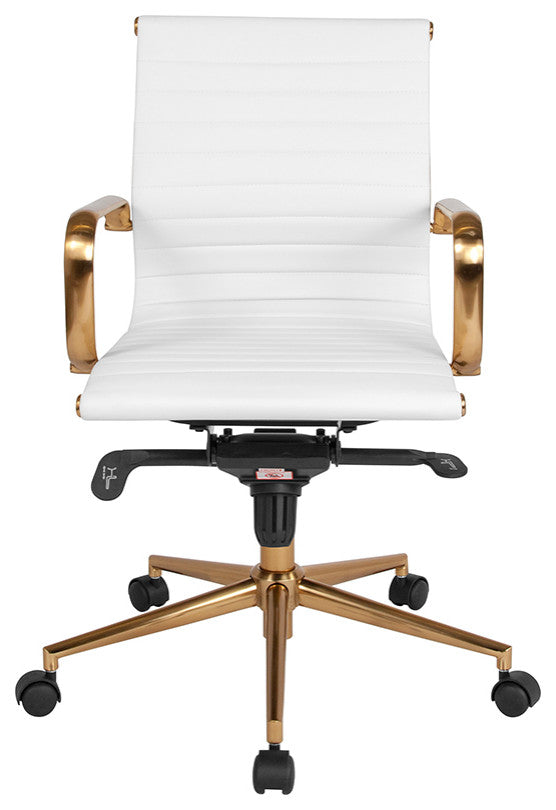 White Ribbed Leather Executive Swivel Office Chair,Gold Frame, Arms