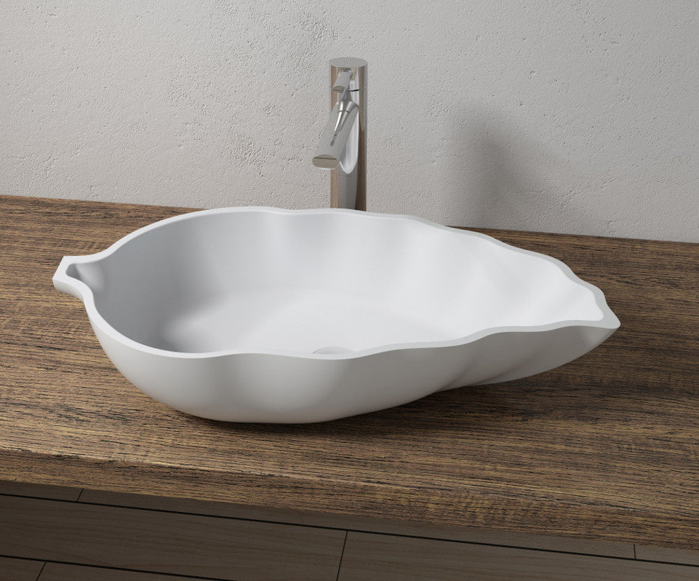 Polystone Leaf Vessel Bathroom Sink, Glossy White, No Faucet