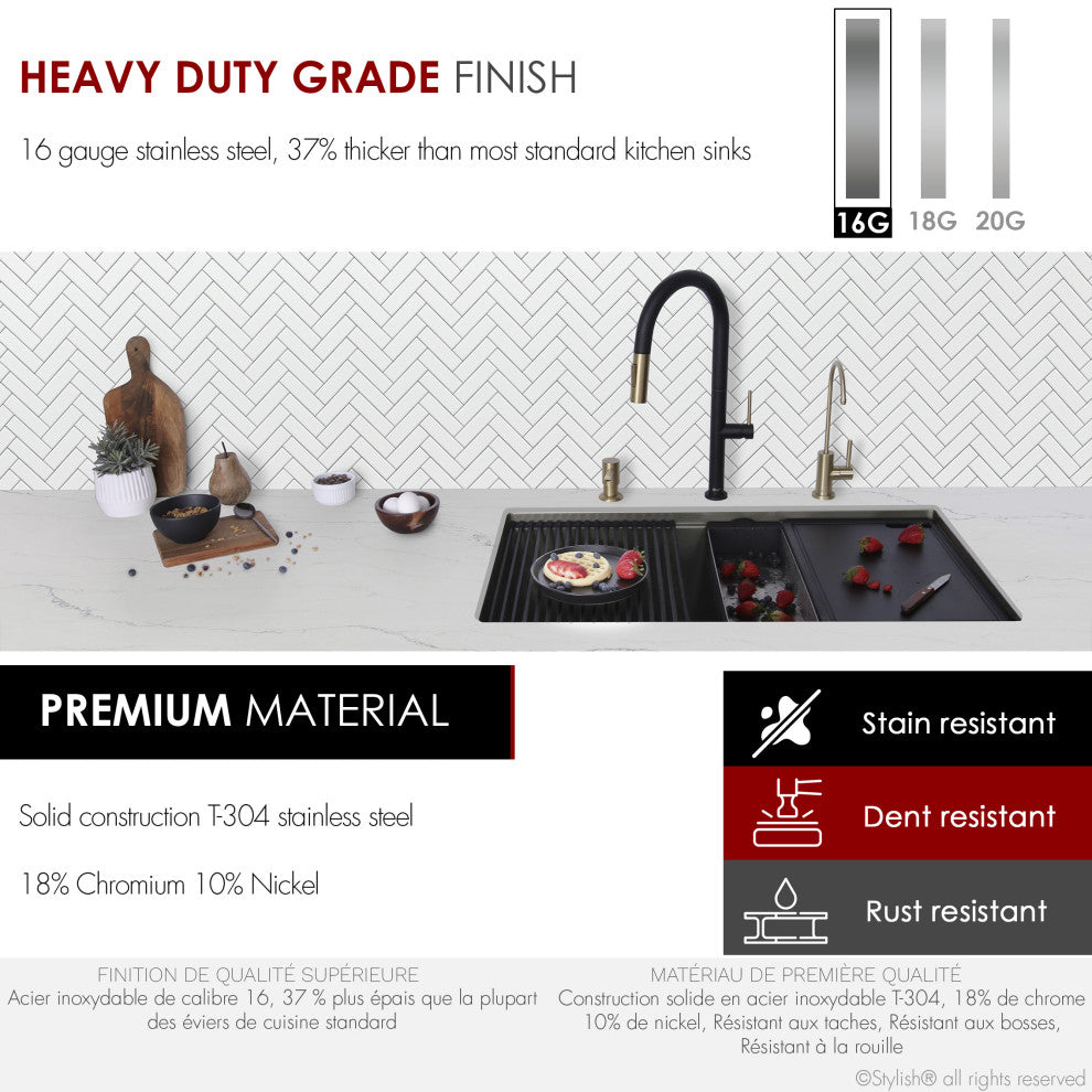 STYLISH 33 Undermount 33" Workstation 16G Single-Bowl Graphite Kitchen Sink