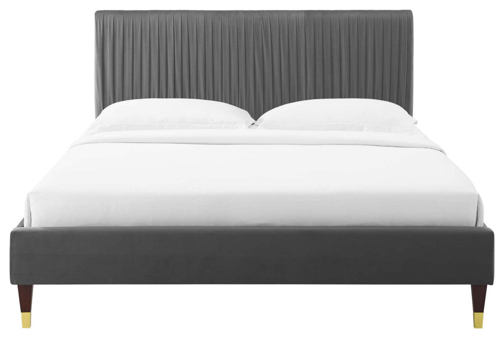 Platform Bed Frame, Twin Size, Velvet, Dark Grey Gray, Modern Contemporary