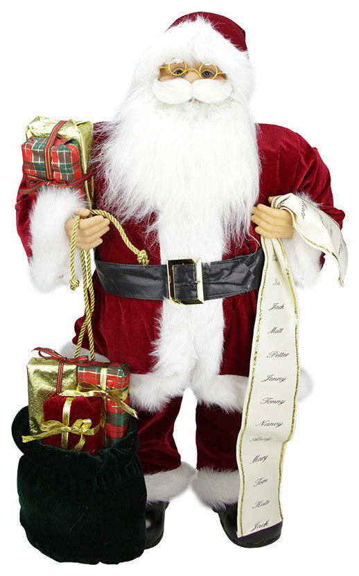 32" Standing Traditional Santa Holding A List of Names And Gift Bag