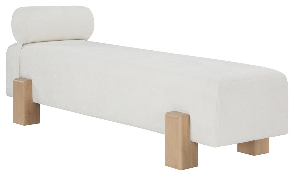 Edison Chenille Fabric Upholstered Bench, Cream, Natural Finish