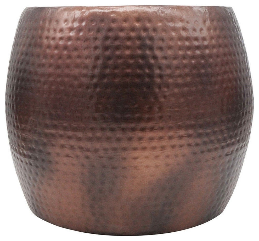 20 Inch Classic Iron Low Accent Table, Round Top, Drum Shape, Brown
