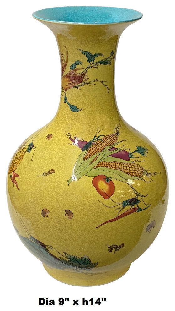 Chinese Crackle Yellow Porcelain Fruit Grasshopper Graphic Vase Hws1648
