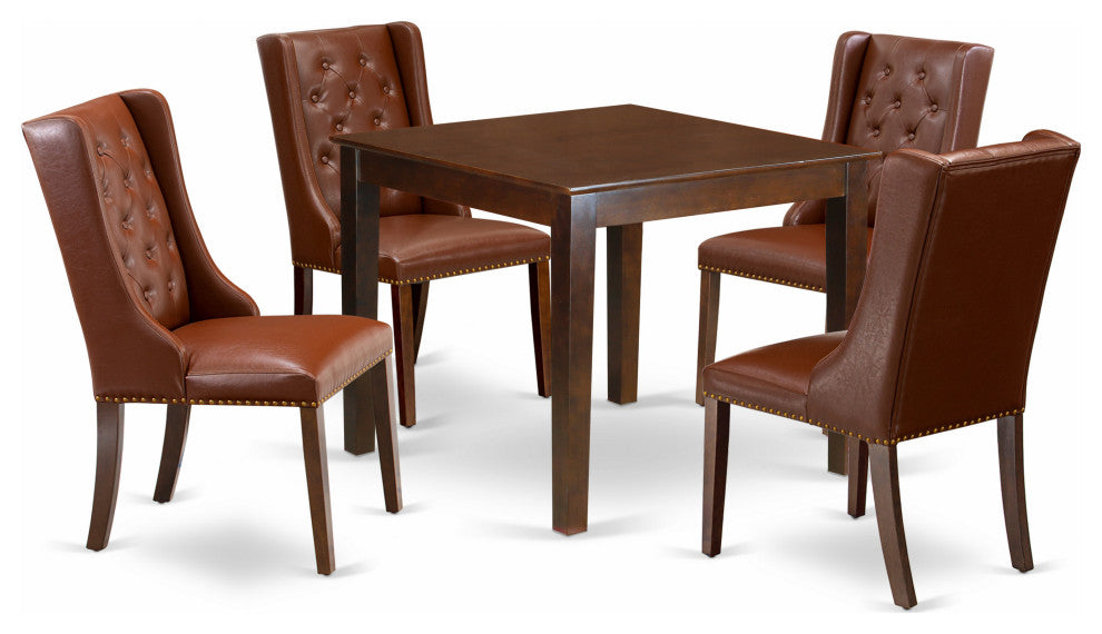 5Pc Kitchen Set, 1 Table, Square Top, 4 Brown Chairs Button Tufted, Mahogany