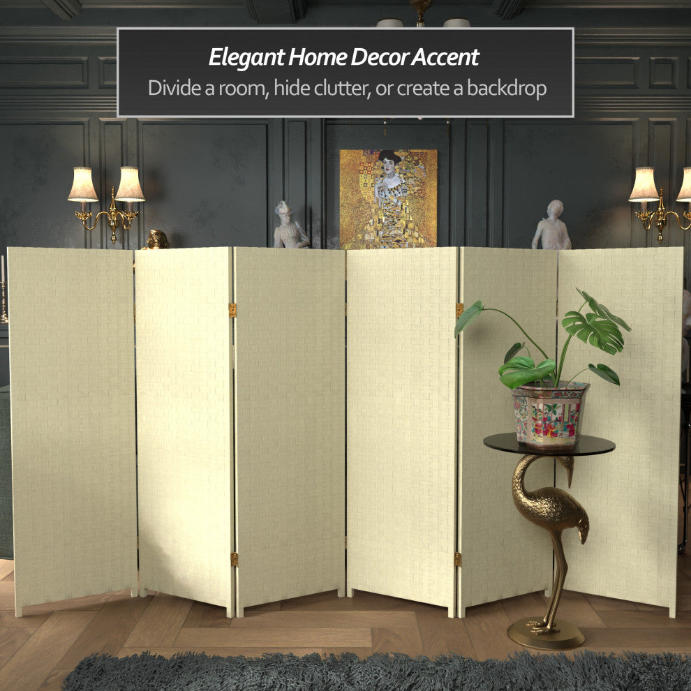 4' Tall Woven Fiber Room Divider, Cream, 6 Panel