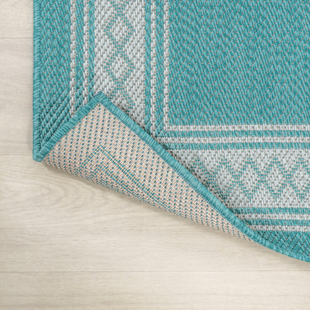 Lucia Classic Diamond Border Indoor/Outdoor Area Rug, Aqua/Light Gray, 8x10