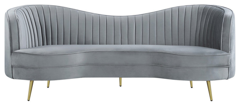 Benzara BM286330 Modern Sofa, Curved Kidney Shape, Channel Tufted, Gray, Gold