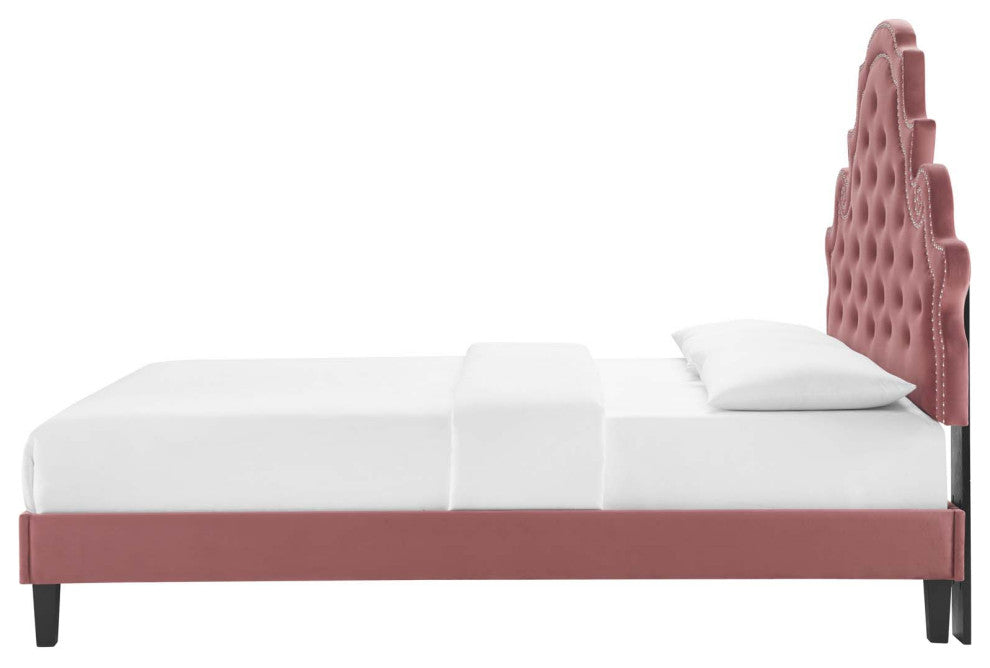 Tufted Platform Bed Frame, Queen Size, Velvet, Pink, Modern Contemporary