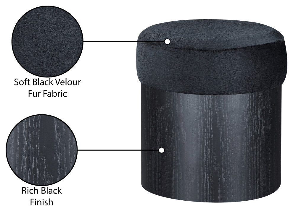 Nimes Upholstered Ottoman, Black, Velour Fur, Black Finish