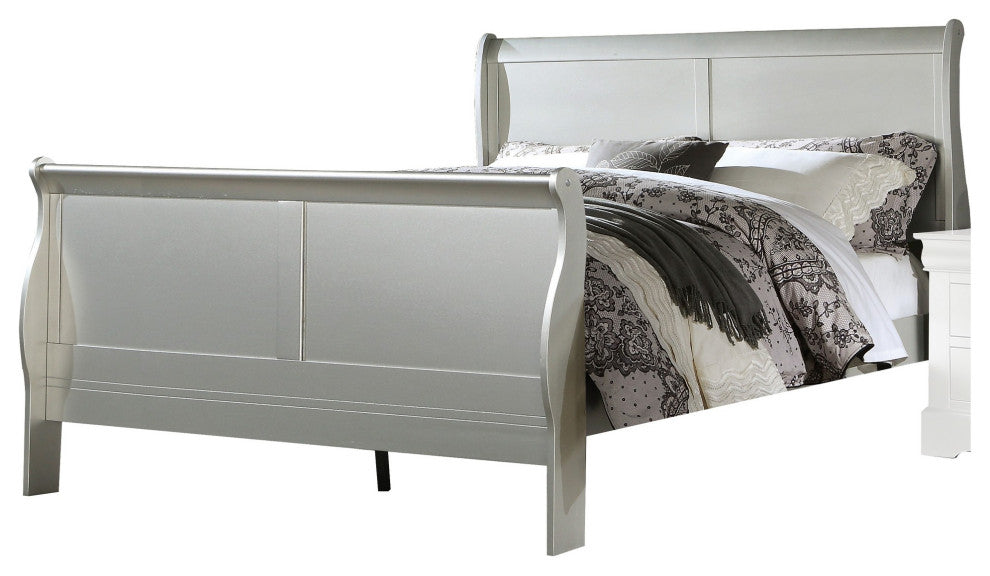 Benzara BM221305 Sleigh Design Eastern King Size Bed with Thin Legs, Silver