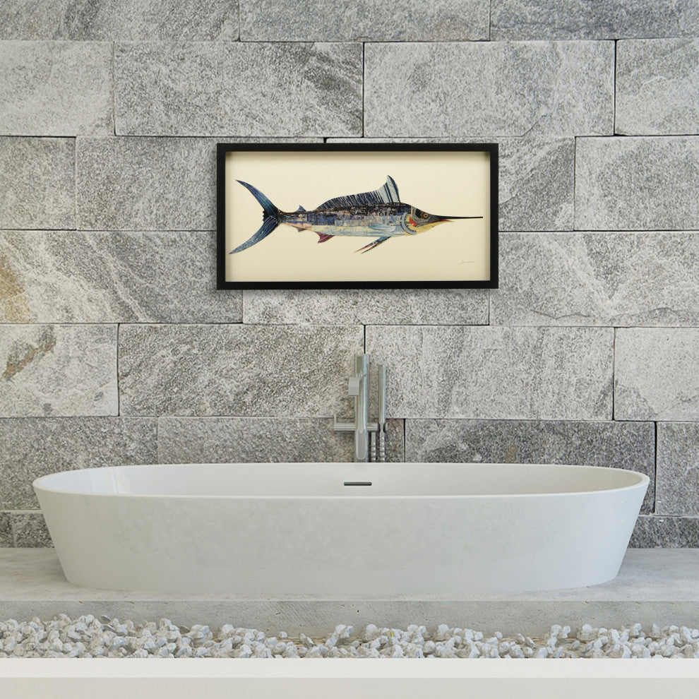 Blue Marlin Handmade Collage Framed Graphic Wall Art Under Glass 33x17