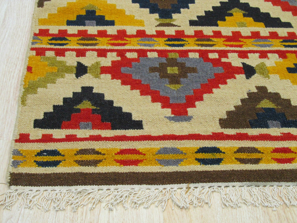 Handwoven Wool Ivory Traditional Geometric Kilim Rug, 8'x10'
