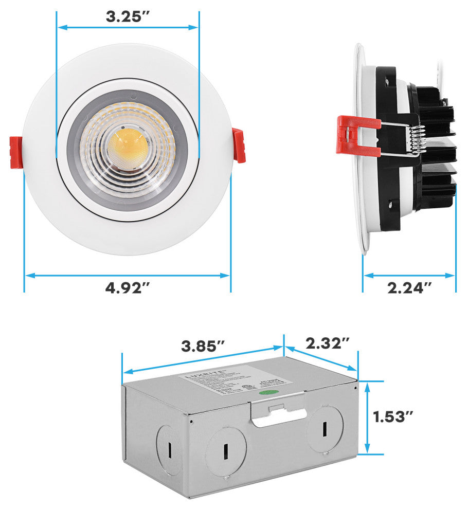 Luxrite 4" Gimbal LED Recessed Light 11W 5CCT 1000LM Dimmable 6 Pack