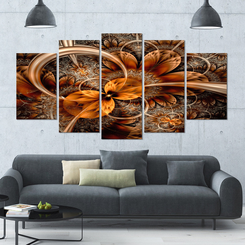 Dark Orange Fractal Flower, Contemporary Wall Art Canvas, 60"x32", 5 Panels