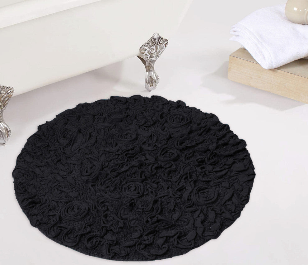 Bell Flower Collection Tufted Non-Slip Bath Rugs, 30" Round, Black