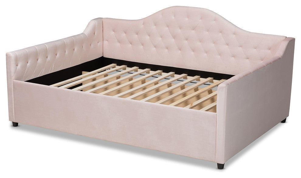 Luanna Light Pink Velvet Fabric Upholstered and Button Tufted Queen Daybed