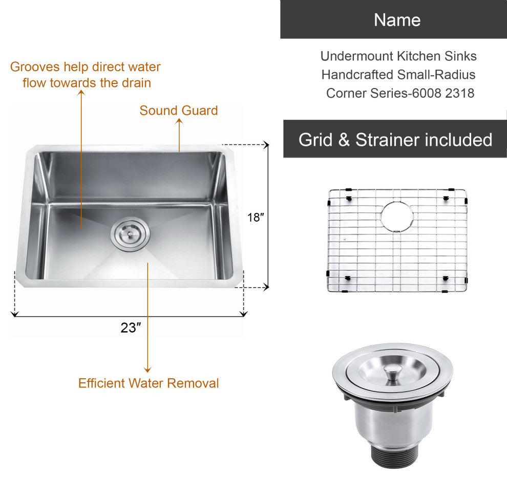 Dowell Undermount Single Bowl Stainless Kitchen Sink - Small Radius, 21w X 16l X 10d