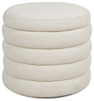 Fuji 19" Oversized Horizontal Tufted Round Storage Ottoman, Ivory White Boucle