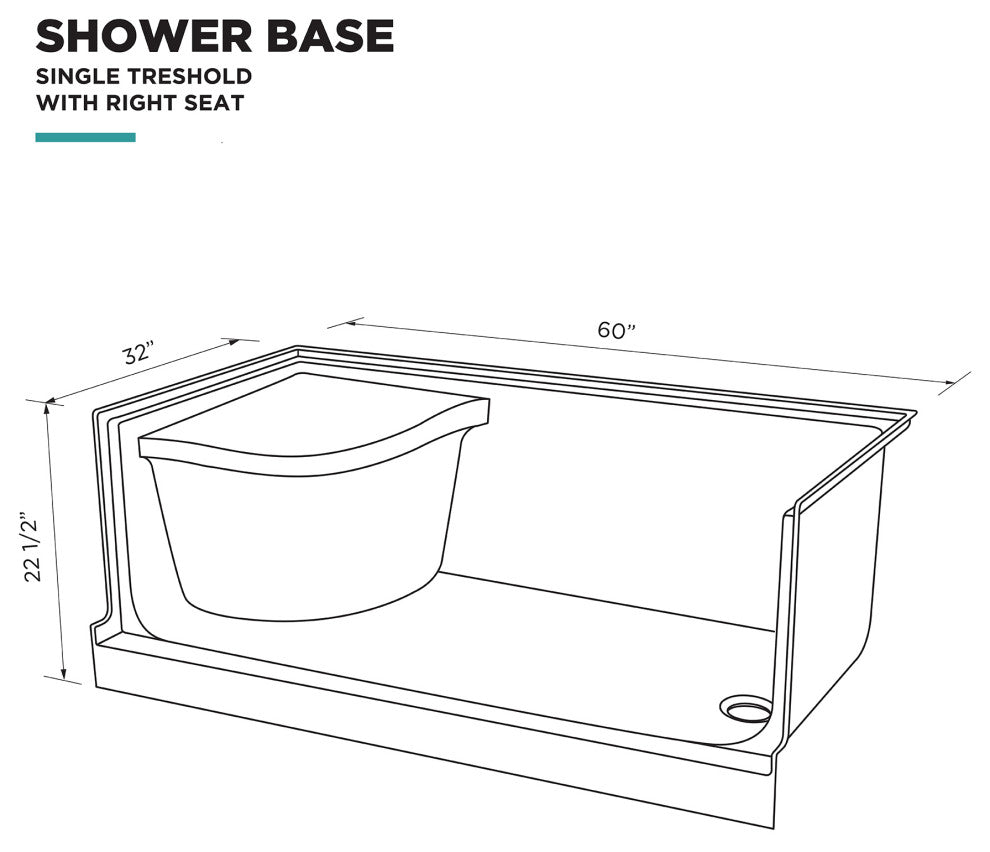 Single Threshold Acrylic Non-Slip Shower Base, Seat 60 x 32, Right Hand Drain