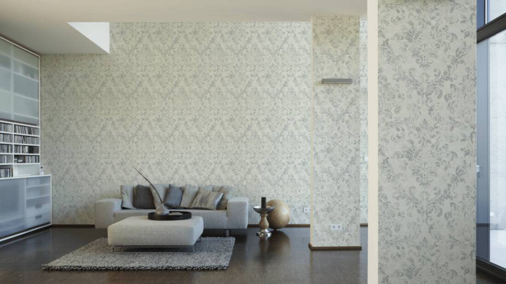 Damask Textured Wallpaper, Ornaments, 374134, White Gray Silver, 1 Roll
