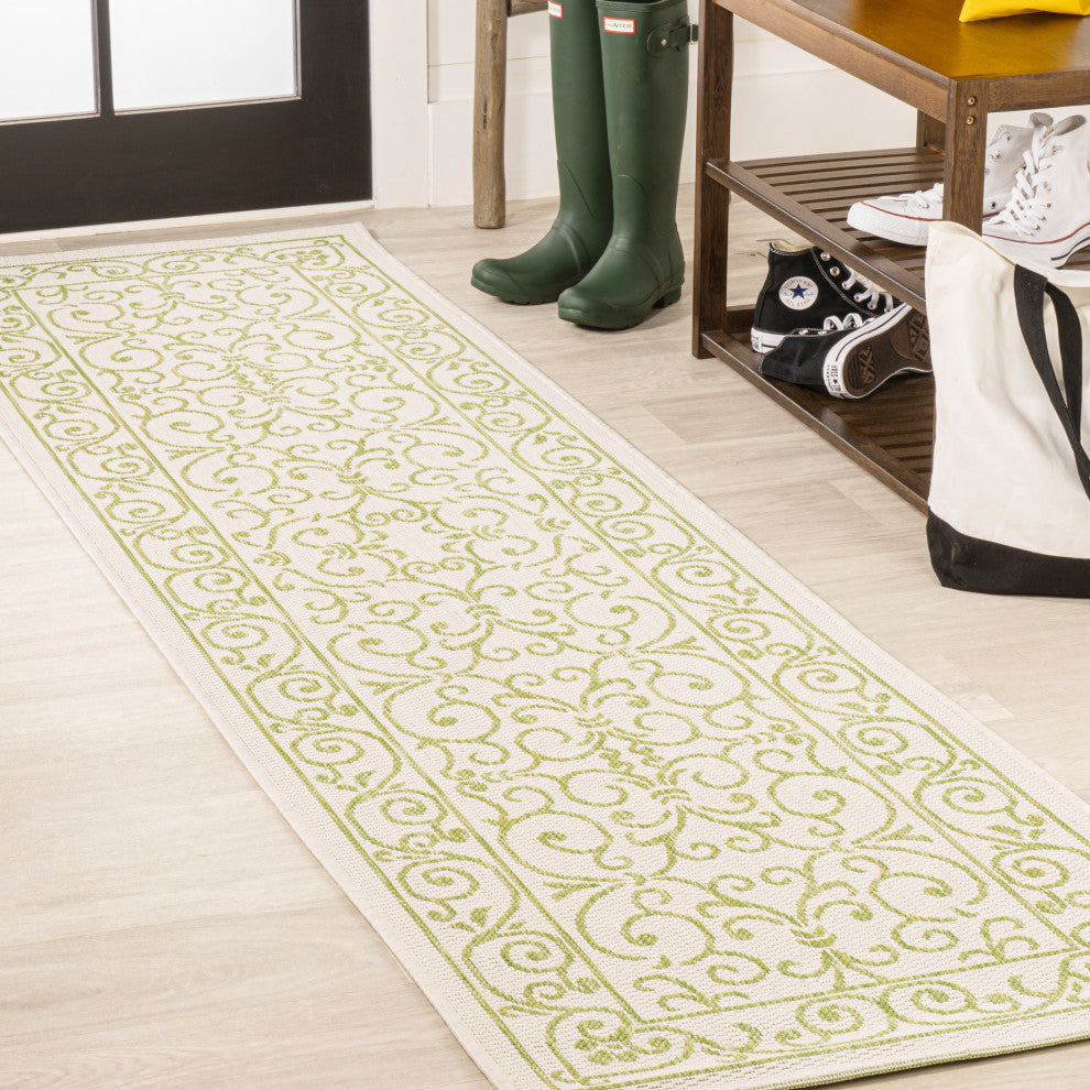 Charleston Filigree Textured Weave Indoor/Outdoor, Cream/Green, 2 X 10