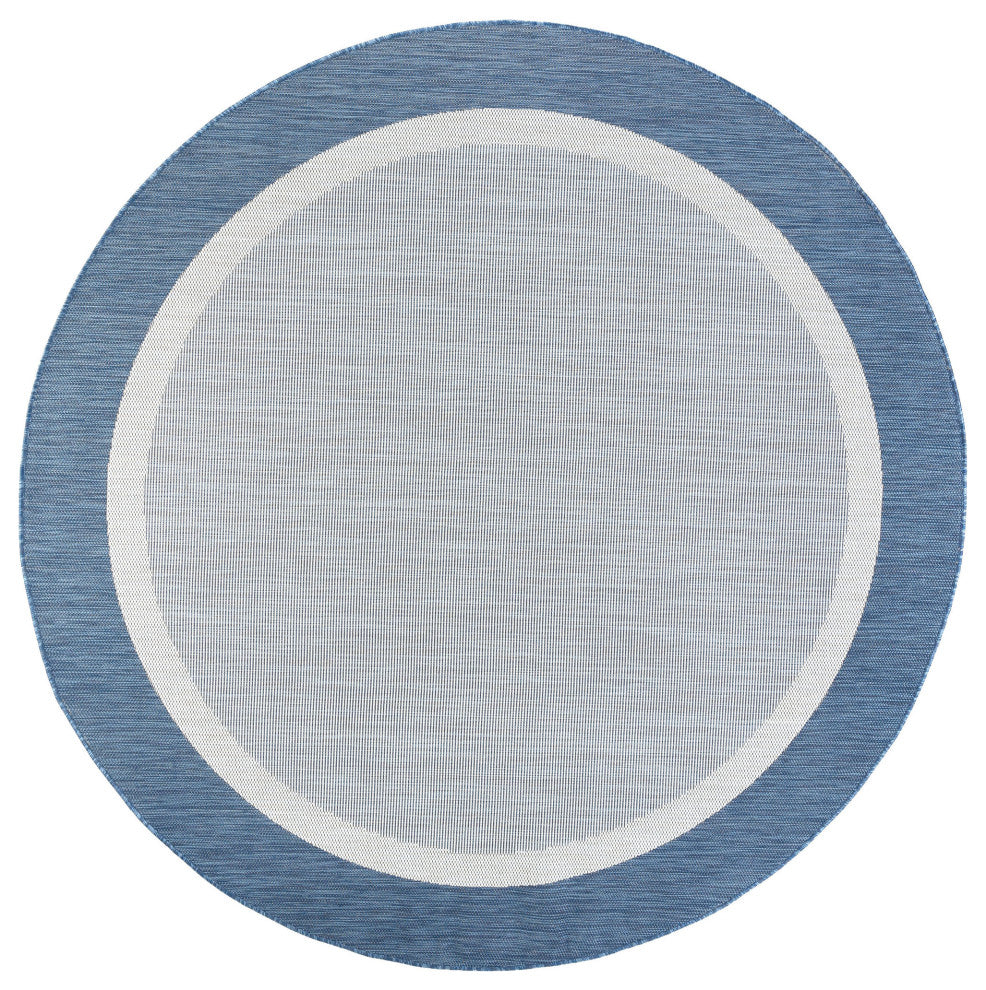 Dania Transitional Solid Border Blue/Cream Round Indoor/Outdoor Area Rug, 8'