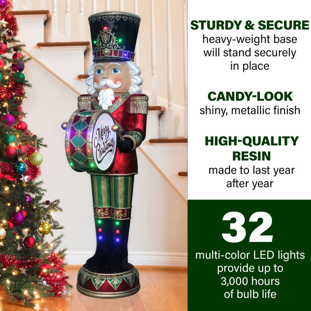 6' Nutcracker Playing Bass Drum With Moving Hands, Music, Timer, 32 LED Lights