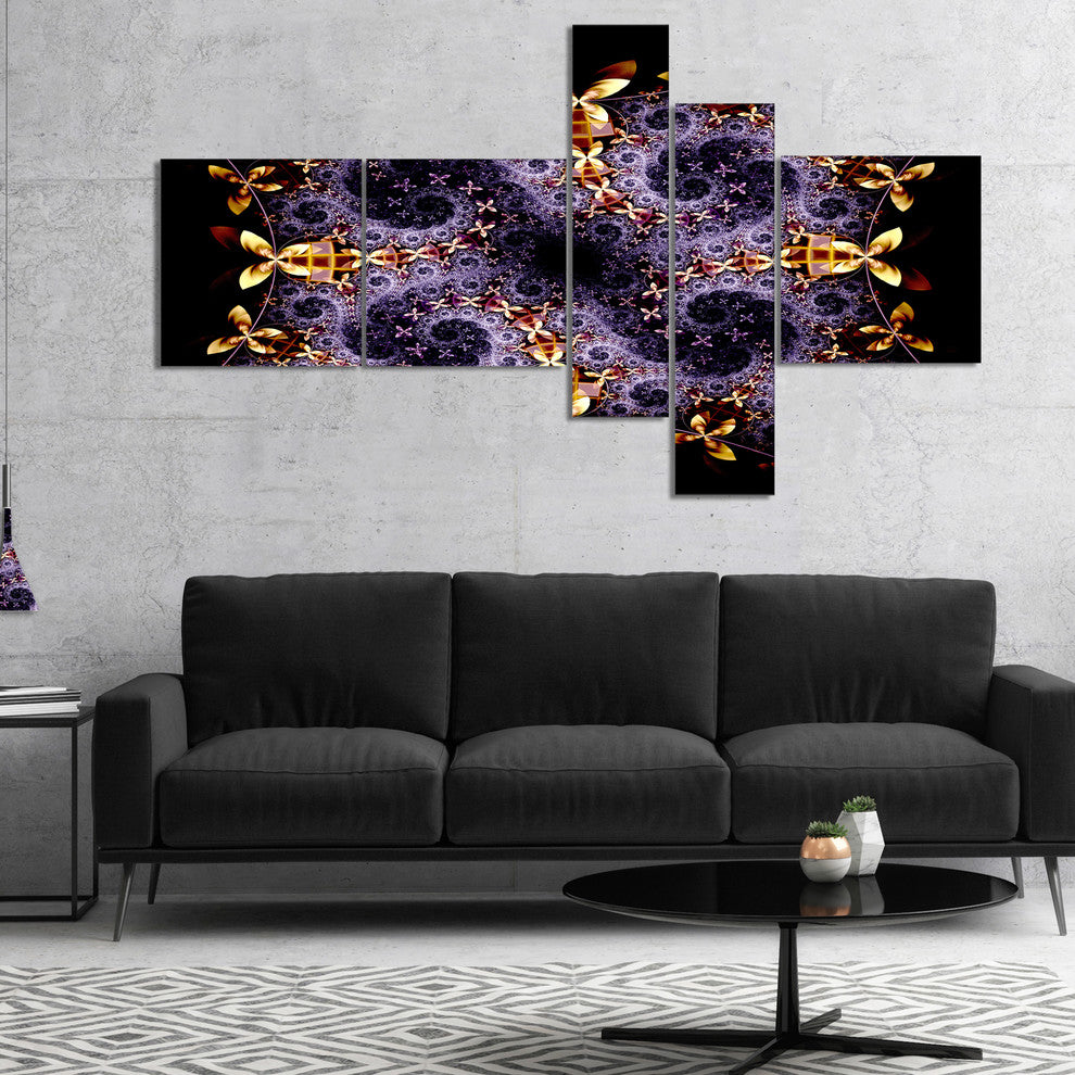 Yellow and Violet Fractal Flower, Abstract Wall Art Canvas, 60"x32", 5 panels