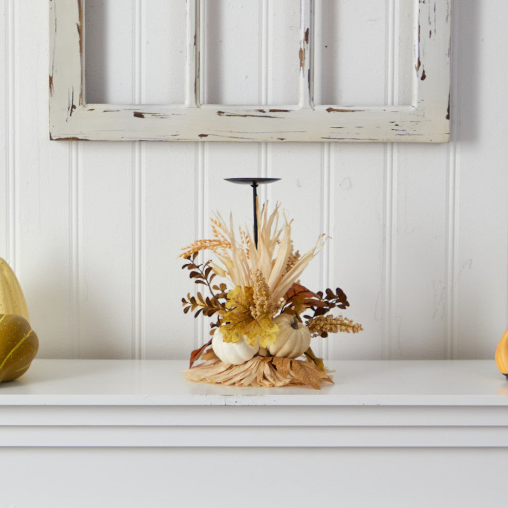 12" Autumn Harvest and Pumpkin Fall Candle Holder