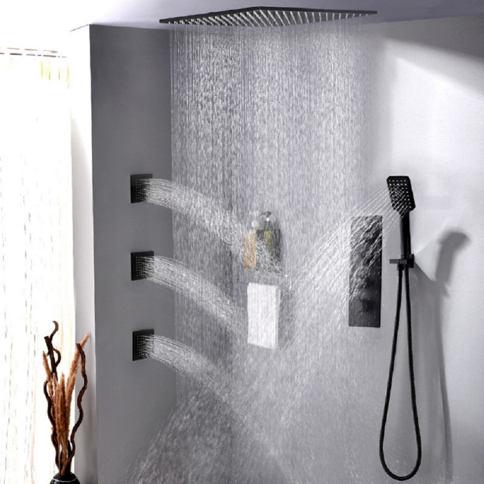 Black Shower System Large Rainfall Shower Head with Hand Shower and 3 Body Jets, 16 Inches With Thermostatic Shower Valve