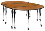 3 Mobile Piece 86" Oval Wave Activity Table Set - Standard Height Adj Legs, Oak