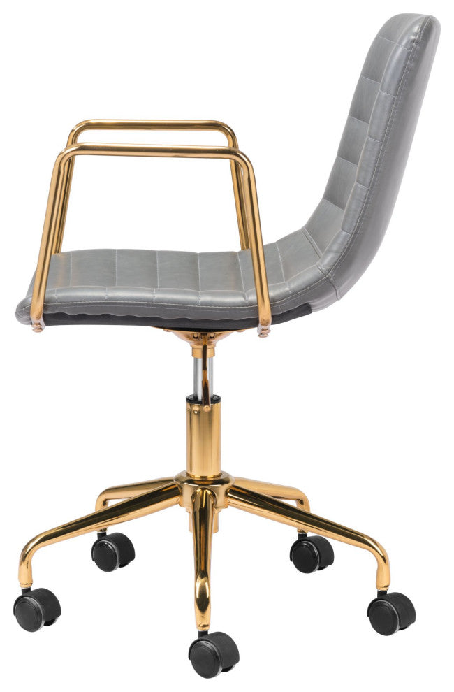 Computer Chair, Faux Vinyl Leather, Steel, Gray, Gold, Business Office