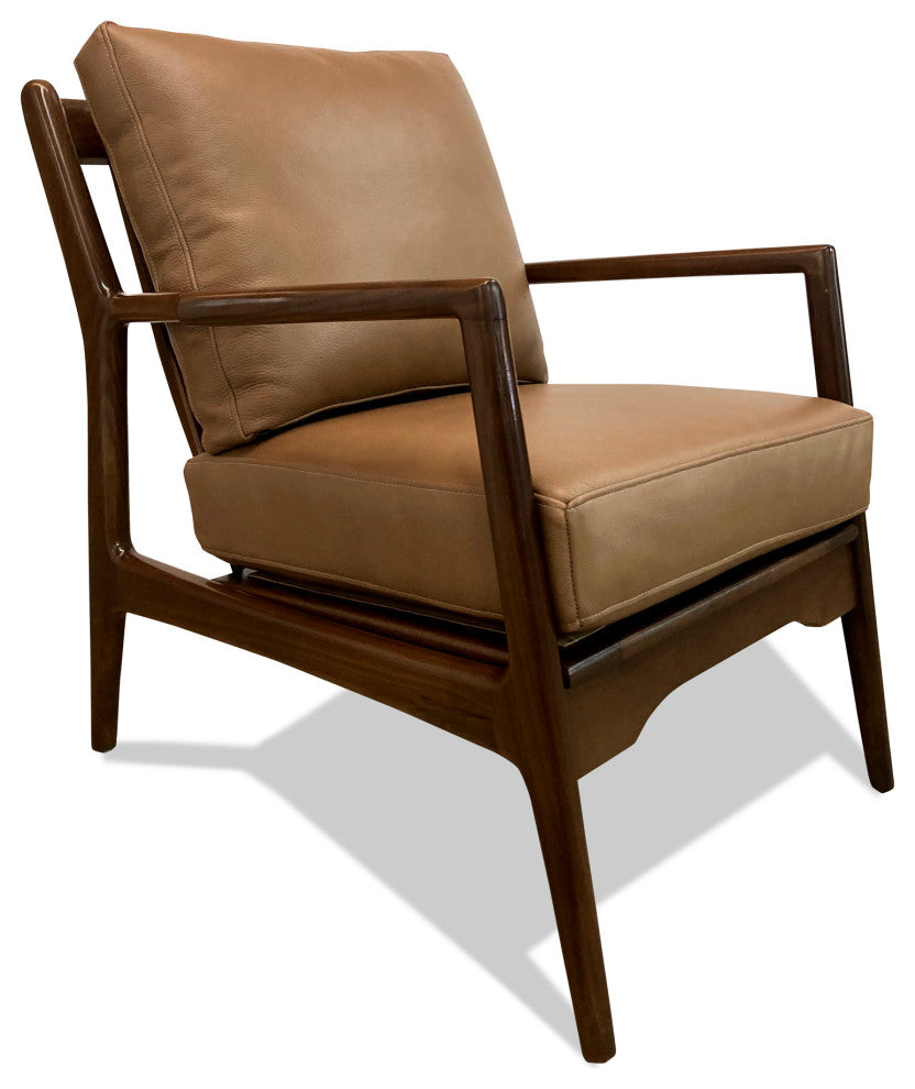 Nativa Interiors Sotello Mid-Century Modern Geniune Leather Chair, Caramel
