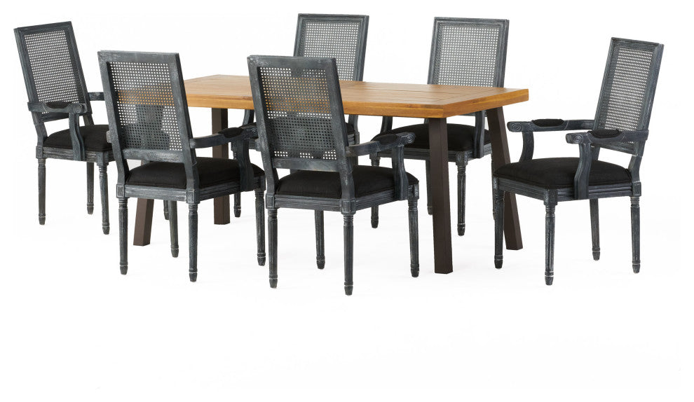 Marten Farmhouse Fabric Upholstered Wood and Cane 7 Piece Dining Set, Black + Gray + Rustic Metal + Natural Stained