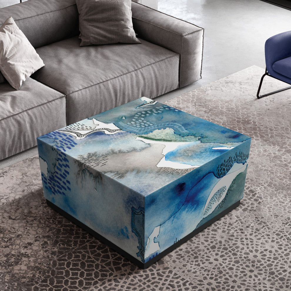 "Subtle Blues II"Reverse Printed Art Glass Cocktail Table with Black Plinth Base