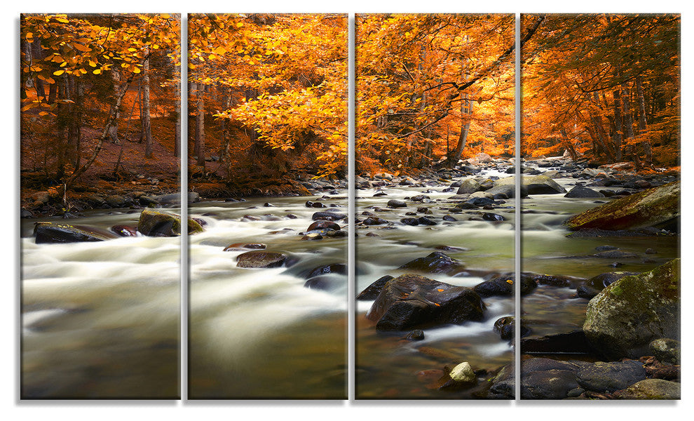Autumn Terrai With Trees and River, Landscape Canvas Print, 48"x28", 4 Panels