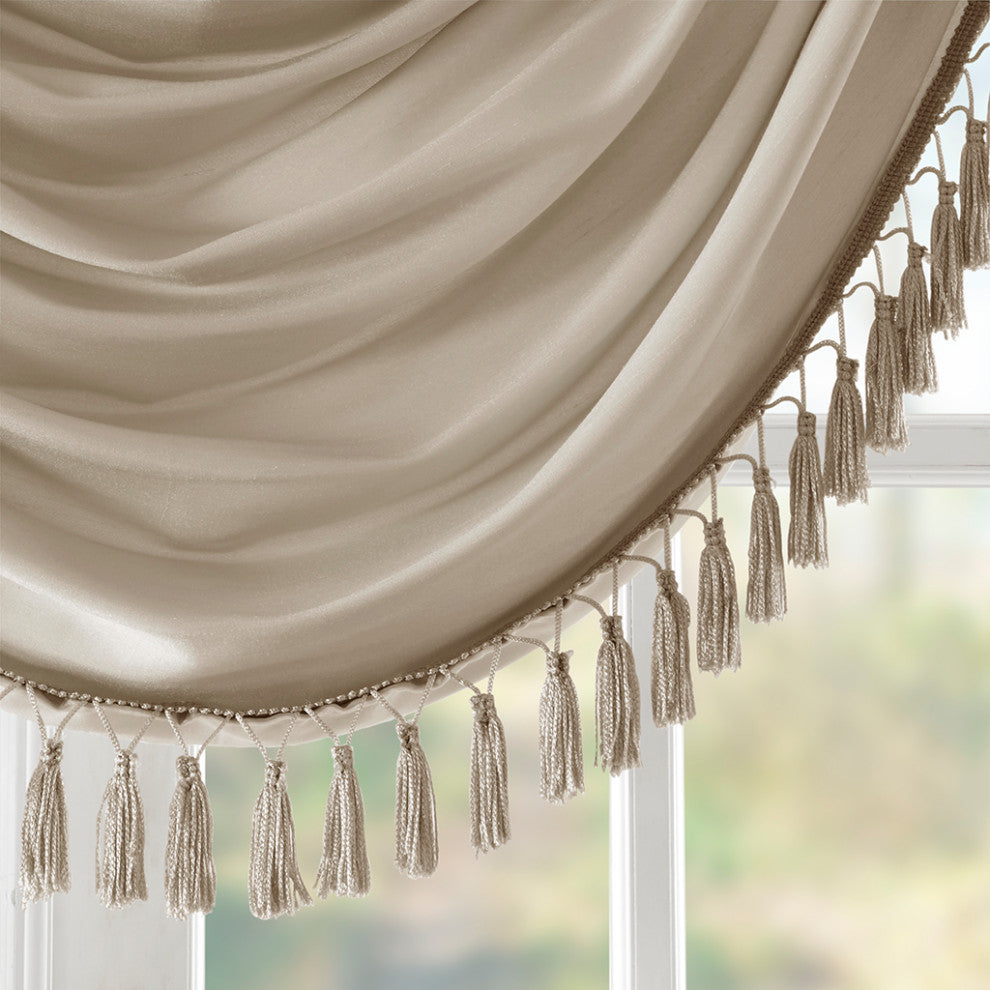 Madison Park Elena Silky Sheer Window Valance with Tassels, Bronze, Champagne