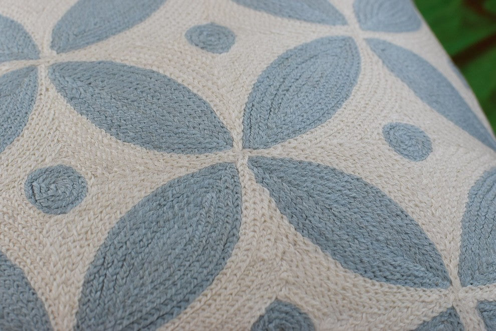 Diamond Circles Baby Blue Decorative Pillow Cover Handembroidered Wool 20x20"