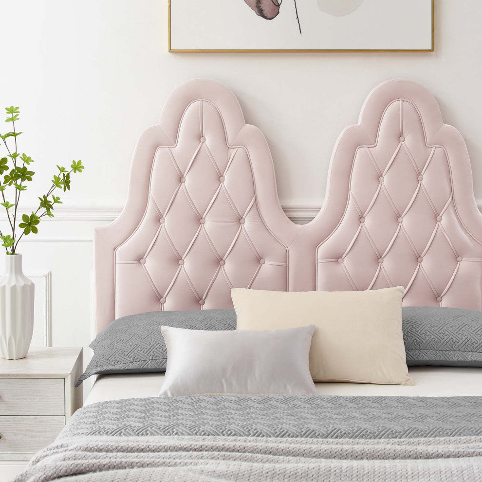 Tufted Platform Bed Frame, Full Size, Velvet, Pink, Modern Contemporary, Bedroom