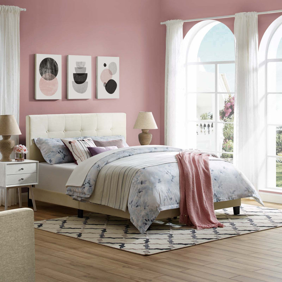 Contemporary Modern King Size Platform Bed Frame, Velvet Fabric, Ivory White