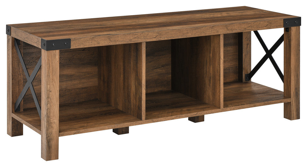 48" Farmhouse Metal X Entry Bench with Storage - Rustic Oak