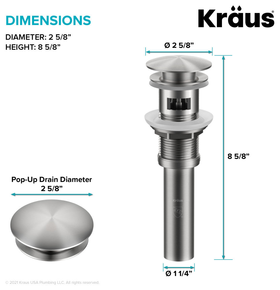 KRAUS PU-11SFS Pop-Up Drain for Bathroom Sink with Overflow in Stainless Steel