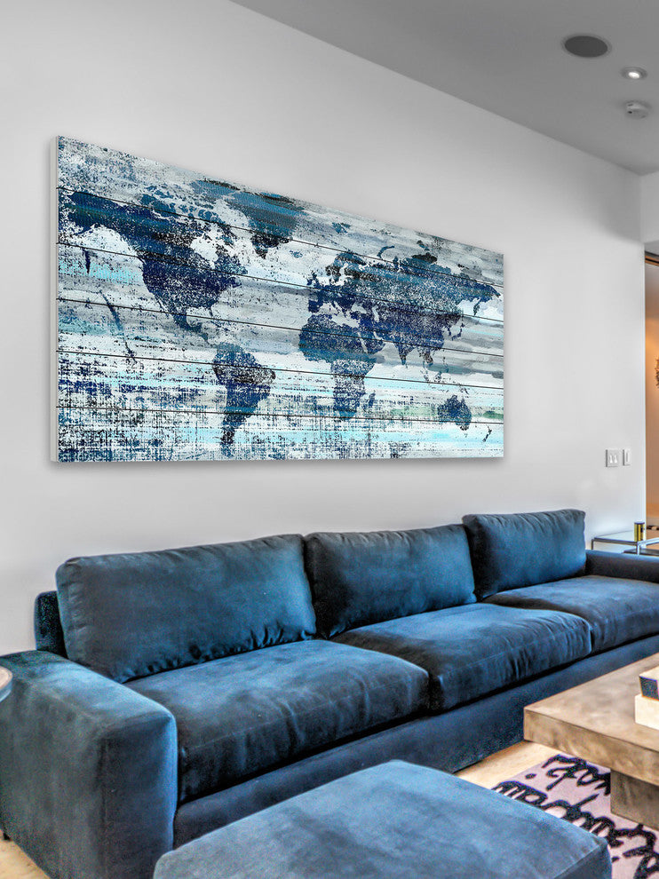"Indigo Countries" Print on White Wood, 40"x20"
