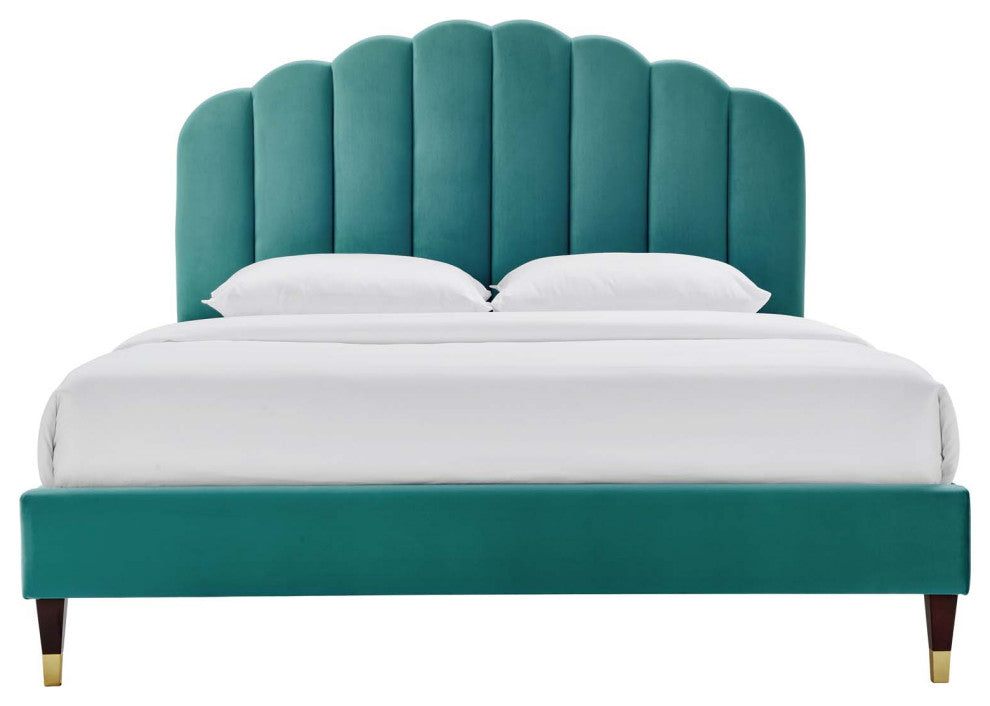 Platform Bed Frame, Queen Size, Teal Blue, Velvet, Modern, Bedroom Guest Suite