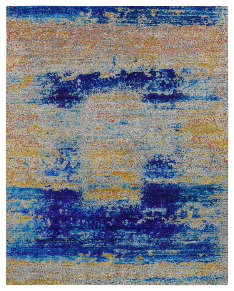 Gold Color, Silk With Wool, Abstract Design, Hand Knotted Rug, 7'10"x10'