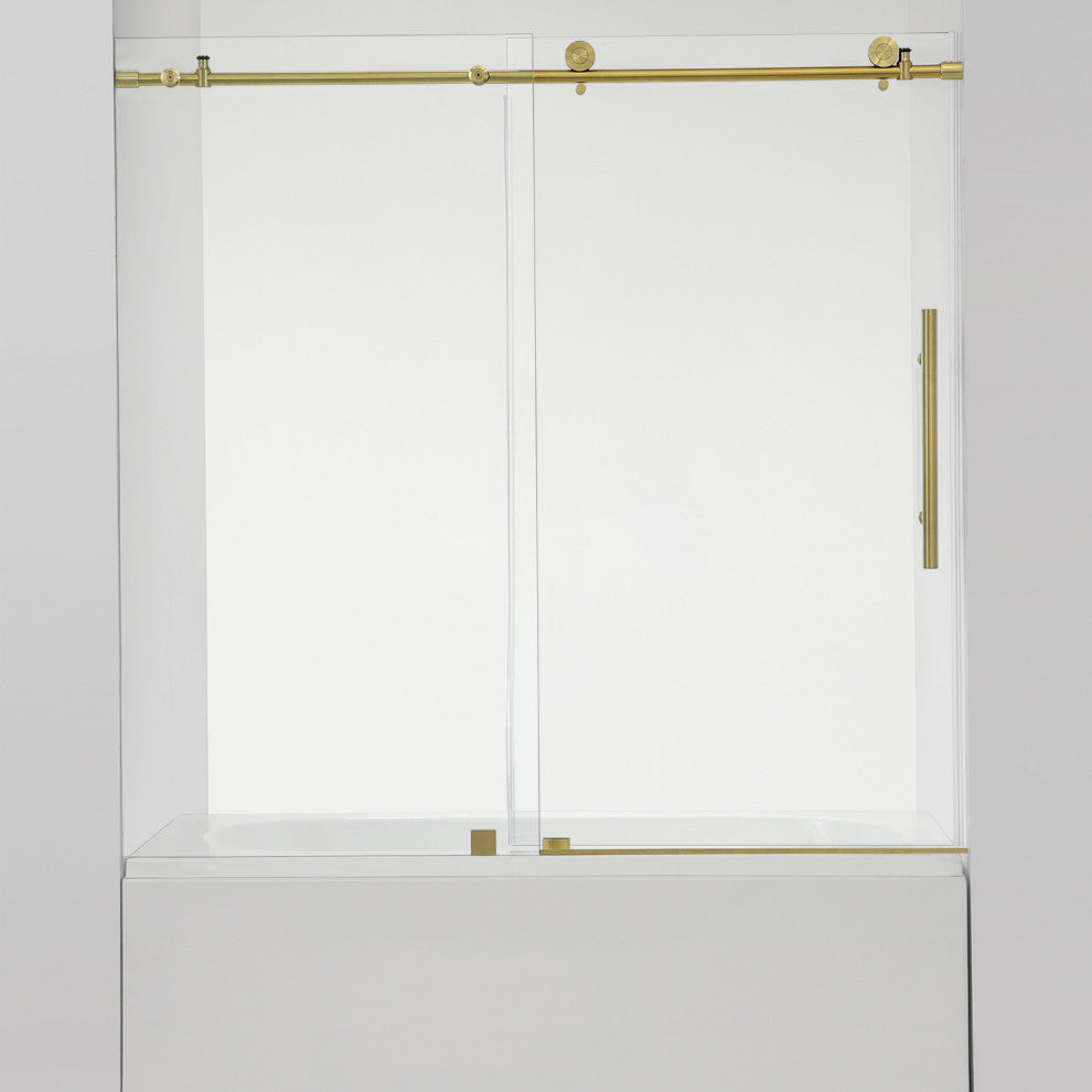Villena 60" W x 58" H Single Sliding Frameless Tub Door, Brushed Gold, 60 Inches