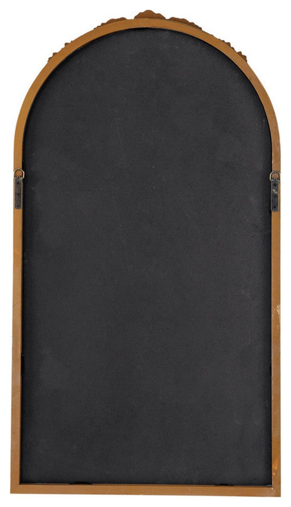 Eel 42 Inch Wall Mirror, Brown Arched Wood Frame, Hand Carved Rose Accent