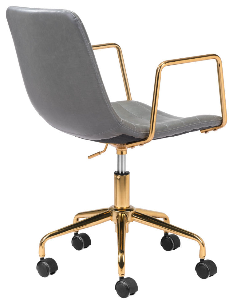 Computer Chair, Faux Vinyl Leather, Steel, Gray, Gold, Business Office