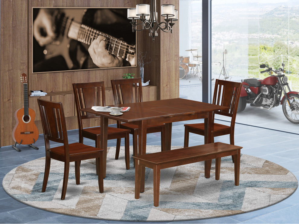 6 Pc Small Kitchen Nook Dining Set -Table With Leaf And 4 Chairs Plus Bench
